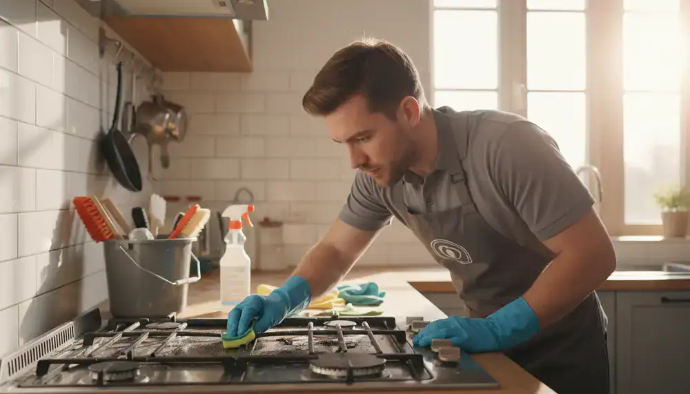 Professional cleaner meticulously scrubbing a kitchen stovetop