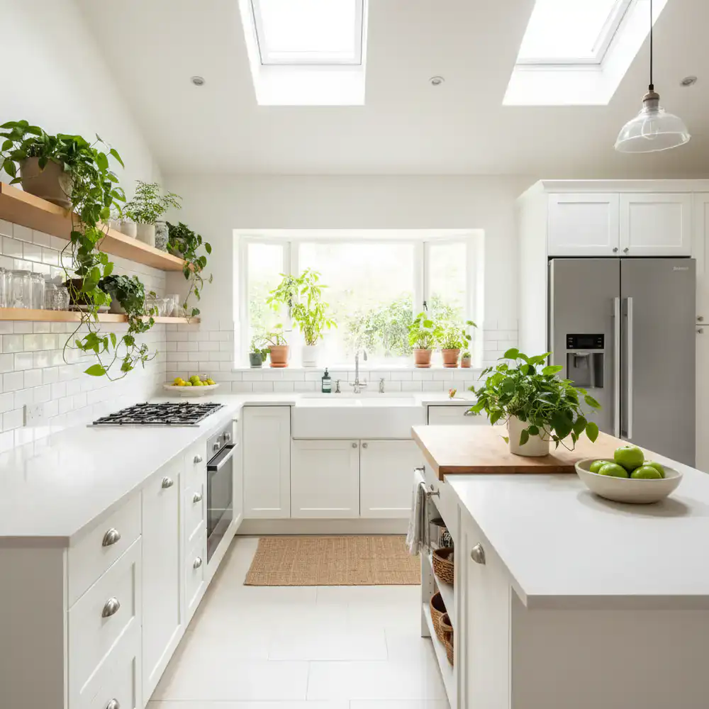 A brightly lit, spotless white kitchen with green plants