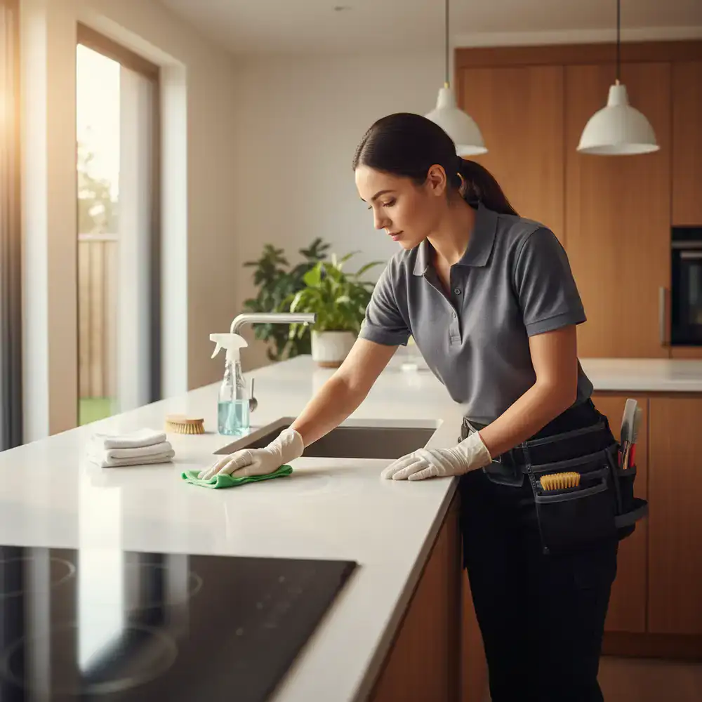 Professional cleaner carefully wiping down a modern kitchen counter