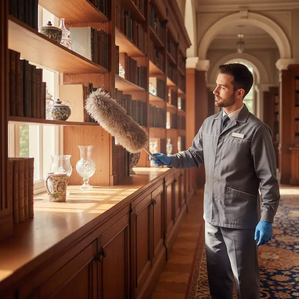 Professional cleaner dusting a wooden shelf