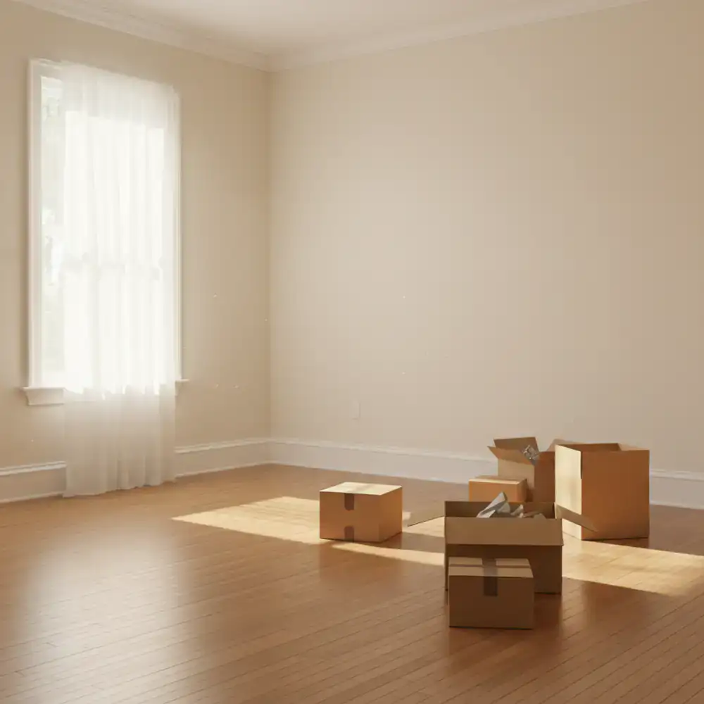 Empty bright room with a few moving boxes
